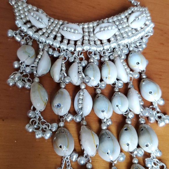 3Pc New Women's Set Cowrie Shell Silver Statement Necklace Ethnic Bib Tribal - Picture 2 of 4